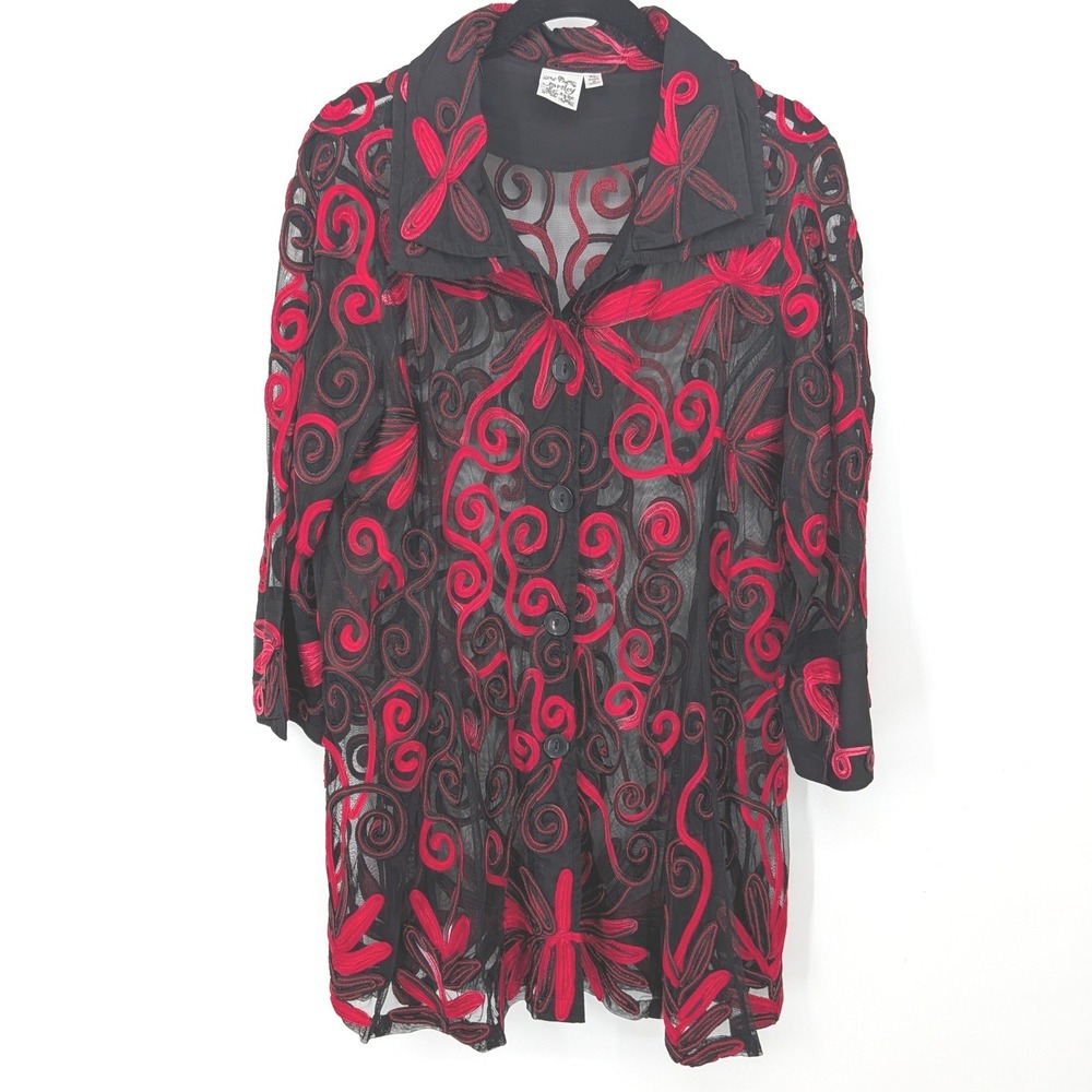 Parsley & Sage Button Up Sheer Tunic Women XL Black Red Embroidered Mesh Floral